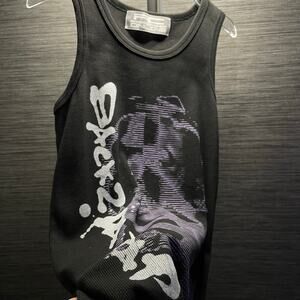 Japanese Cracked Graphic Print Purple Black Thermal Tank Top Wifebeater Shirt- M